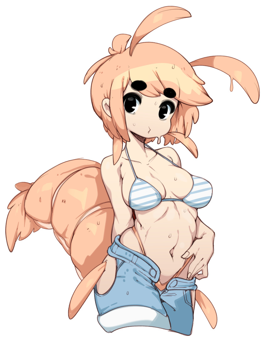 1girl absurdres antenna_hair bikini black_eyes commission commissioner_upload denim denim_shorts dripping highres looking_at_viewer navel orange_hair original pepper_(teuthidan) short_hair shorts shrimp_girl slugbox solo sweat swimsuit tail