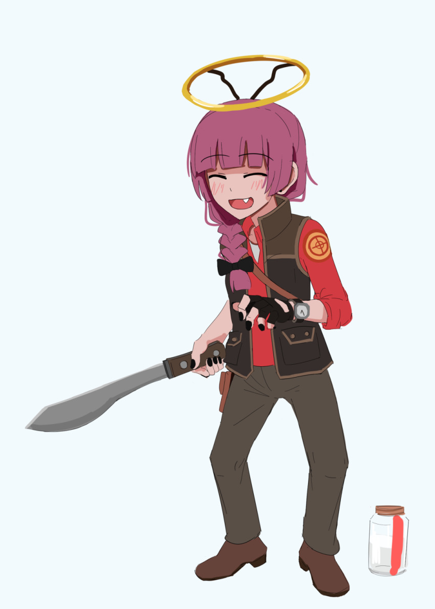 1girl ^_^ black_gloves black_nails blunt_bangs blush bocchi_the_rock! boots braid brown_boots brown_vest closed_eyes commentary cosplay english_commentary fang fingerless_gloves full_body gloves green_pants hair_over_shoulder halo highres hiroi_kikuri holding holding_weapon jar knife kukri kurokimoko long_hair open_clothes open_vest pants pun purple_hair red_shirt shirt single_braid single_glove sniper_(tf2) sniper_(tf2)_(cosplay) solo standing team_fortress_2 vest watch weapon wristwatch