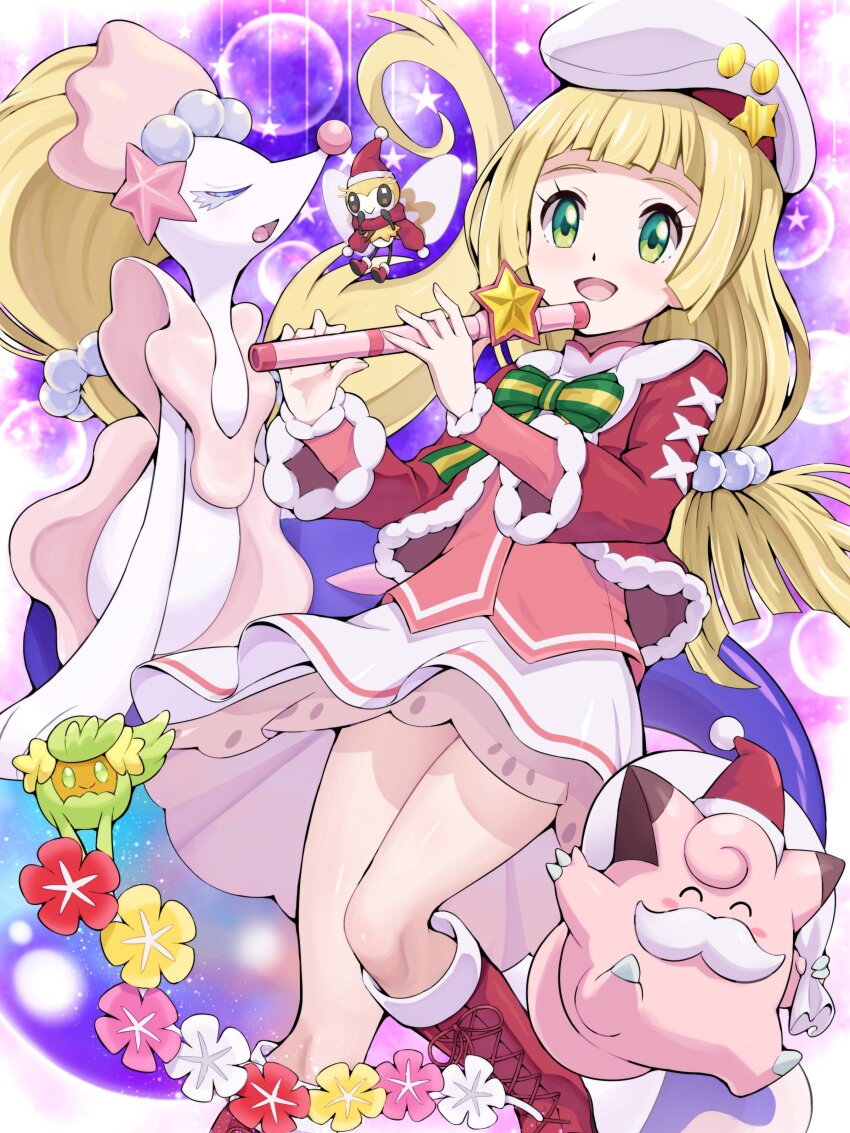 1girl absurdres alternate_color blonde_hair blush boots christmas clefairy closed_eyes comfey dress flower flute frills game_freak gen_1_pokemon gen_7_pokemon green_eyes hat highres holding holding_instrument instrument legs lillie_(holiday_2024)_(pokemon) lillie_(pokemon) long_hair looking_at_viewer nintendo official_alternate_costume open_mouth pokemoa pokemon pokemon_(creature) pokemon_masters_ex primarina recorder red_footwear ribbon ribombee santa_hat scarf shiny_pokemon shirt skirt smile
