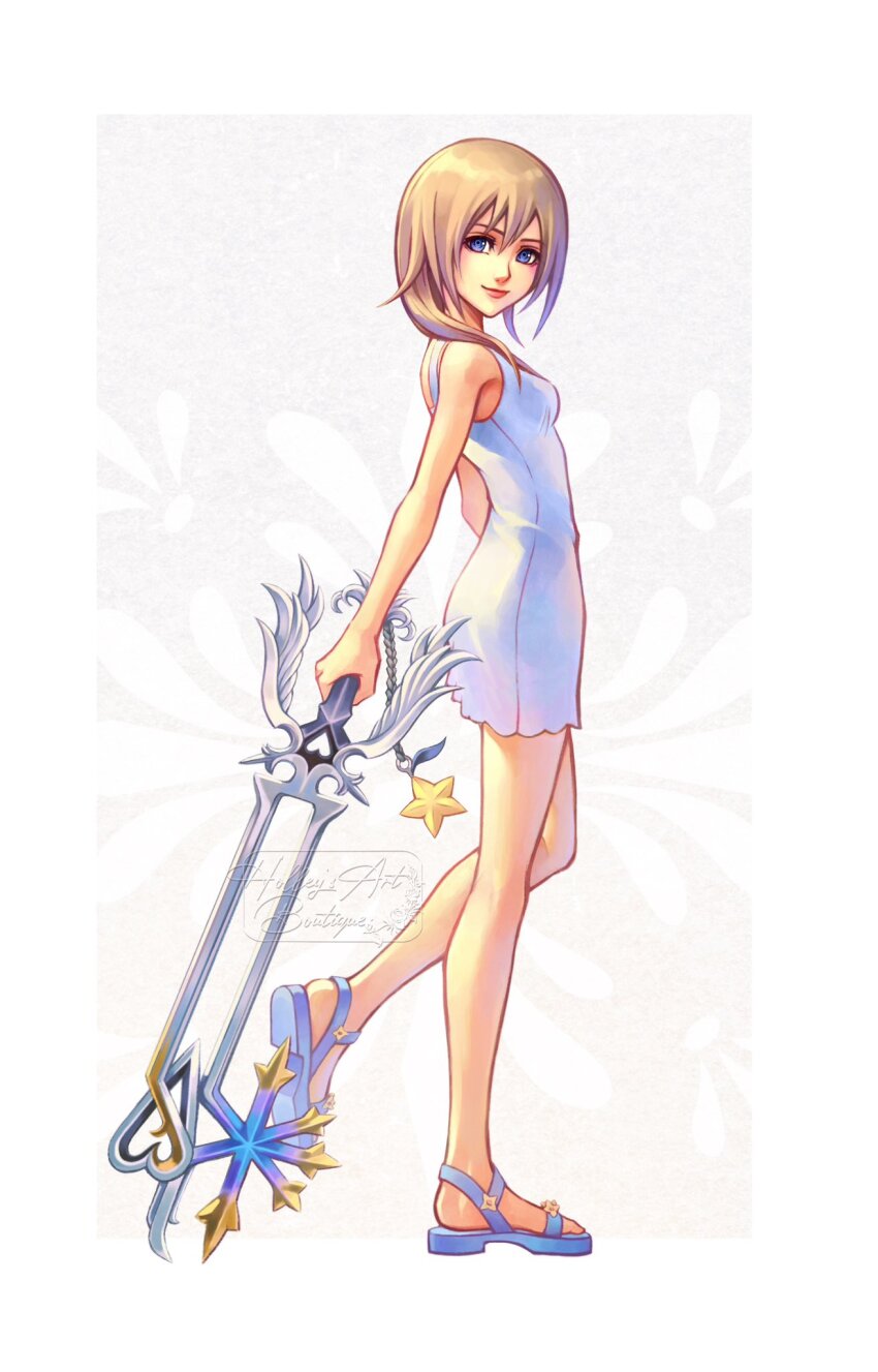 1girl artist_name blonde_hair blue_eyes blue_sandals commentary dress english_commentary full_body highres holding holding_weapon hollypolllyy kingdom_hearts kingdom_hearts_ii lips long_hair looking_at_viewer namine nomura_tetsuya_(style) oathkeeper pink_lips sandals simple_background sleeveless sleeveless_dress solo standing standing_on_one_leg toes weapon white_background white_dress