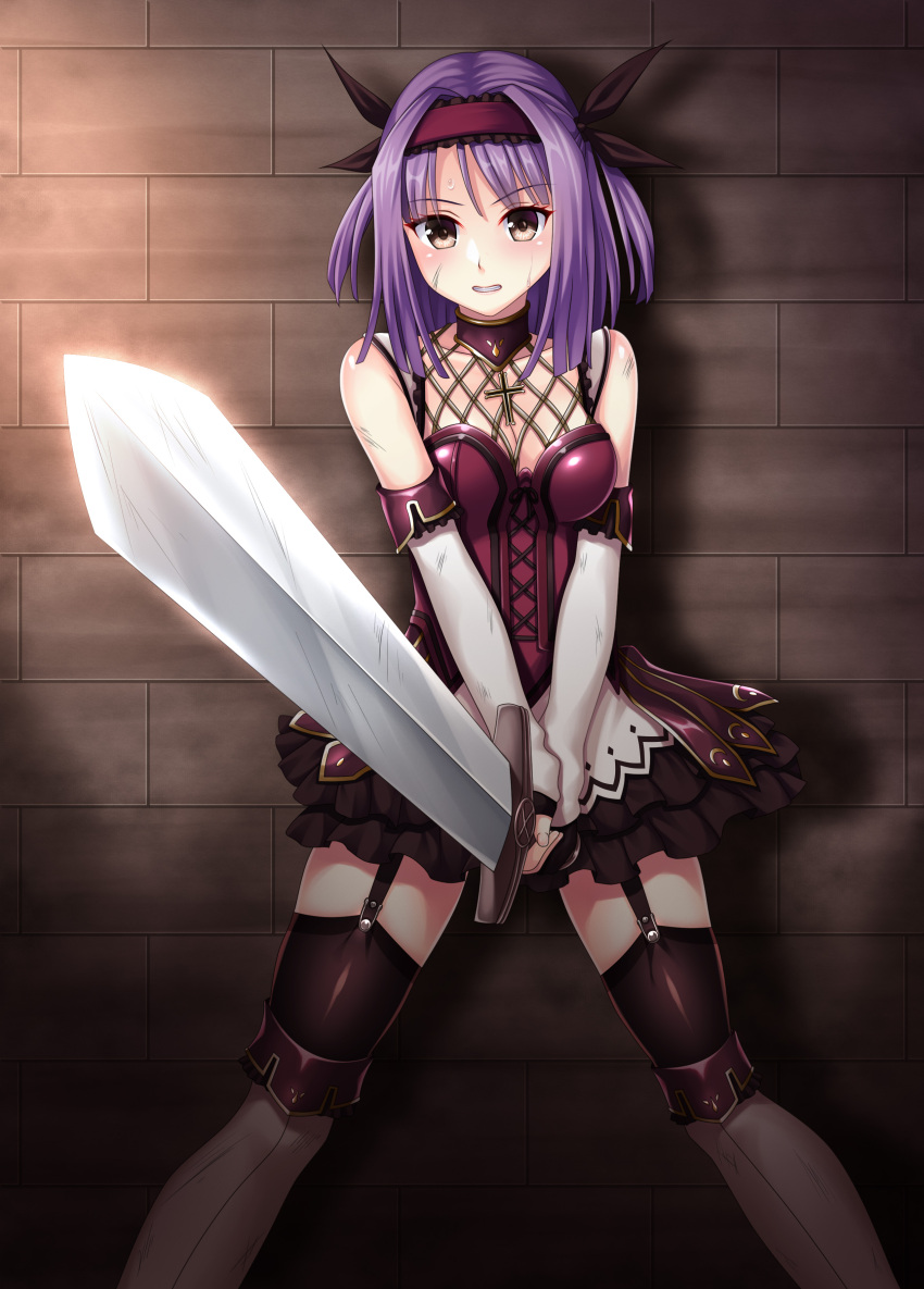 absurdres adel_(blazing_souls) blazing_souls boots brown_eyes brown_ribbon commission detached_sleeves dress feet_out_of_frame hair_ribbon hairband highres holding holding_sword holding_weapon knee_boots looking_at_viewer purple_hair red_hairband ribbon ruin_re_birth short_hair skeb_commission spectral_(series) sweat sword thigh_strap thighhighs weapon