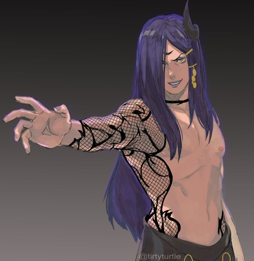 1boy bare_pectorals black_horns black_pants commentary cowboy_shot english_commentary eyelashes fishnet_top fishnets grin highres horns long_hair long_sleeves looking_ahead male_focus metaphor:_refantazio navel nipples outstretched_arm pants pectorals purple_hair purple_lips single_horn smile solo teeth third_eye tirtyturtle topless_male twitter_username v-shaped_eyebrows very_long_hair zorba_(metaphor:_refantazio)