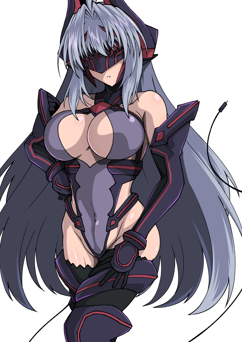 1girl absurdres android aoi_tabane bare_shoulders blue_hair breasts cable cable_tail cleavage commission covered_navel elbow_gloves gloves grey_hair hand_on_own_hip headgear highres kos-mos kouyoku_senki_exs-tia large_breasts leotard long_hair mechanical_tail pixiv_commission simple_background solo tail thighhighs variant_set very_long_hair white_background xenosaga