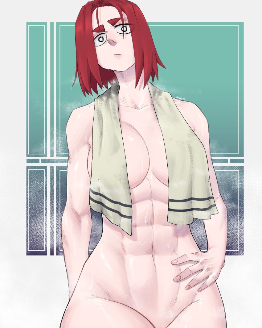 1girl abs absurdres breasts cleavage convenient_censoring hand_on_own_hip highres limn044 looking_at_viewer navel nude original out-of-frame_censoring red_hair roxan_(limn044) short_hair steam steaming_body towel towel_around_neck towel_over_breasts wet wet_hair