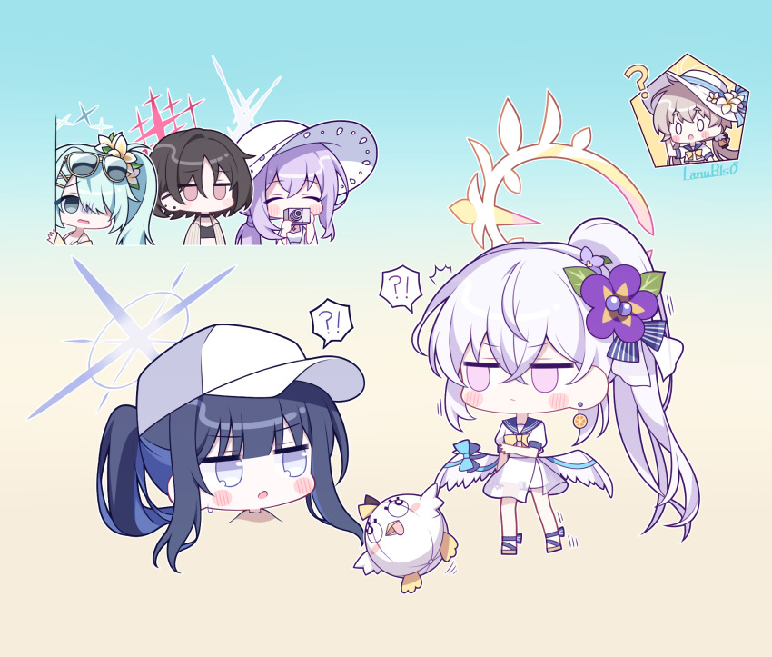 !? 6+girls :/ :o ? ^^^ ^_^ alternate_costume alternate_hairstyle arius_squad_(blue_archive) artist_name atsuko_(blue_archive) atsuko_(swimsuit)_(blue_archive) azusa_(blue_archive) black_hair blue_archive blue_background blue_halo blue_sailor_collar bow buried chibi chibi_only closed_eyes closed_mouth commentary cross_halo crossed_bangs earrings expressionless eyewear_on_head flower frown furrowed_brow gradient_background green_hair hair_behind_ear hair_between_eyes hair_flower hair_ornament hair_over_one_eye halo happy hat hat_flower hifumi_(blue_archive) highres hiyori_(blue_archive) hiyori_(swimsuit)_(blue_archive) jewelry jitome lanubis leaf_hair_ornament long_hair looking_at_another low_ponytail low_twintails misaki_(blue_archive) misaki_(swimsuit)_(blue_archive) motion_lines multiple_girls o_o official_alternate_costume one_eye_covered open_mouth peaked_cap peroro_(blue_archive) ponytail purple_eyes purple_flower red_halo sailor_collar sandals saori_(blue_archive) saori_(swimsuit)_(blue_archive) scared shaded_face shirt short_hair short_sleeves side_ponytail sidelocks simple_background skirt speech_bubble standing stud_earrings stuffed_animal stuffed_toy sun_hat sunglasses sweatdrop symbol-only_commentary twintails upper_body v-shaped_eyebrows very_long_hair white_hair white_hat white_shirt white_skirt yellow_background yellow_bow yellow_flower yellow_halo