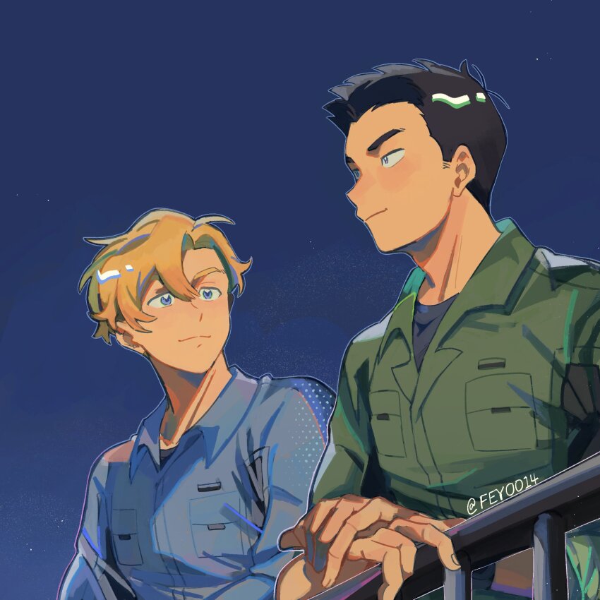 2boys ao_isami black_hair black_shirt blonde_hair blue_eyes blue_jacket breast_pocket closed_mouth collared_jacket commentary_request feyoo14 green_eyes green_jacket hair_between_eyes highres jacket lapels lewis_smith light_smile long_sleeves looking_ahead looking_at_another male_focus multiple_boys night night_sky open_collar own_hands_together pocket railing shirt short_hair short_sideburns sideburns sky smile star_(sky) twitter_username very_short_hair wing_collar yuuki_bakuhatsu_bang_bravern