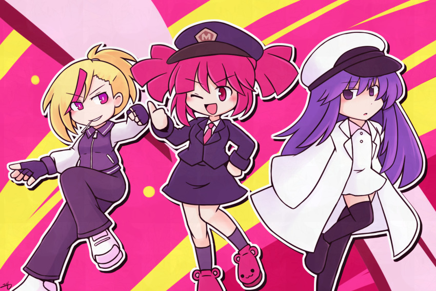 216 3girls alternate_costume animal_shoes artist_name black_footwear black_gloves black_hat black_jacket black_skirt black_socks black_thighhighs blonde_hair buro_(muse_dash) coat dress fingerless_gloves gloves grey_jacket grey_pants hat jacket marija_(muse_dash) multicolored_hair multiple_girls muse_dash necktie pants pink_hair pink_necktie pink_shoes police_hat purple_eyes purple_hair rin_(muse_dash) scarlet_police shirt shoes signature skirt sneakers socks streaked_hair thighhighs thumbs_up white_coat white_dress white_hat white_shirt white_shoes zettai_ryouiki