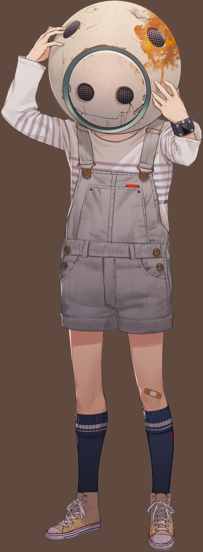 1boy absurdres bandaid bandaid_on_knee bandaid_on_leg blue_socks brown_shoes buttons child crack full_body grey_overalls hands_on_headwear helmet highres kneehighs kyokugen_dasshutsu long_sleeves male_focus official_art overalls q_(kyokugen_dasshutsu) rust shirt shoelaces shoes socks solo standing striped_clothes striped_shirt third-party_source tomono_rui transparent_background watch wristwatch zero_escape:_toki_no_dilemma