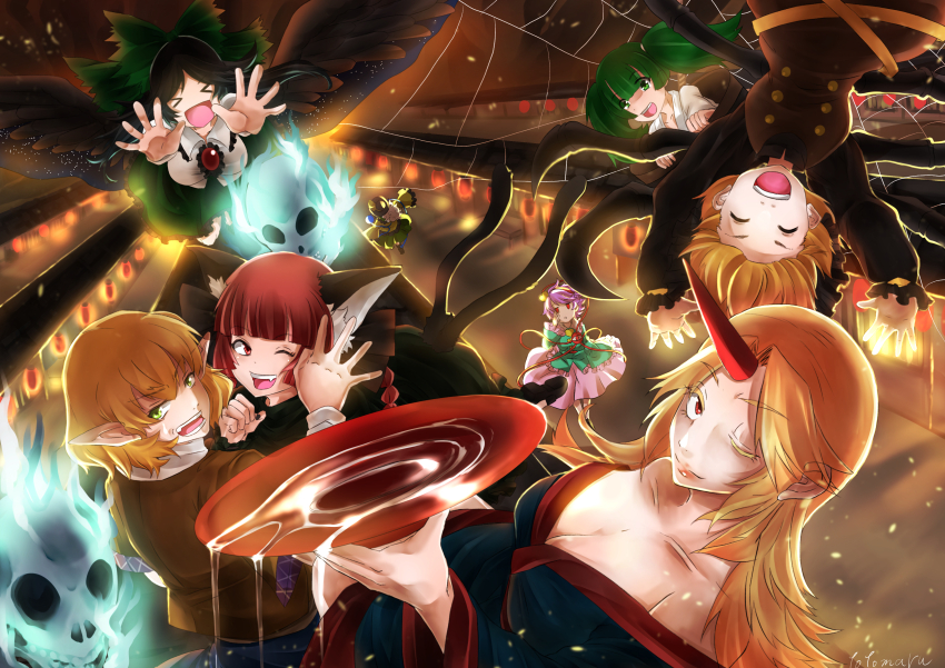 absurdres alcohol animal_ear_fluff animal_ears arthropod_limbs black_bow black_dress black_hair black_hat black_shirt blonde_hair blue_kimono blue_shirt blunt_bangs bow braid breasts brown_dress brown_shirt bucket buttons cat_ears cat_girl cat_tail cleavage collared_shirt commentary_request cone_horns cup dress extra_legs frilled_shirt_collar frilled_skirt frills green_bow green_eyes green_hair green_skirt hair_bow hat highres horns hoshiguma_yuugi hoshiguma_yuugi_(kimono) in_bucket in_container japanese_clothes kaenbyou_rin kimono kisume komeiji_koishi komeiji_satori kurodani_yamame large_breasts long_hair looking_at_viewer medium_breasts mizuhashi_parsee multiple_tails off_shoulder official_alternate_costume one_eye_closed open_mouth outdoors parted_bangs pinafore_dress pink_skirt pointy_ears purple_hair red_eyes red_hair red_horns reiuji_utsuho rooftop sakazuki sake shirt short_hair silk single_horn skirt sleeveless sleeveless_dress smile spider_web subterranean_animism tail third_eye totomaru_aka touhou twin_braids two_tails upper_body upside-down v-shaped_eyebrows white_shirt