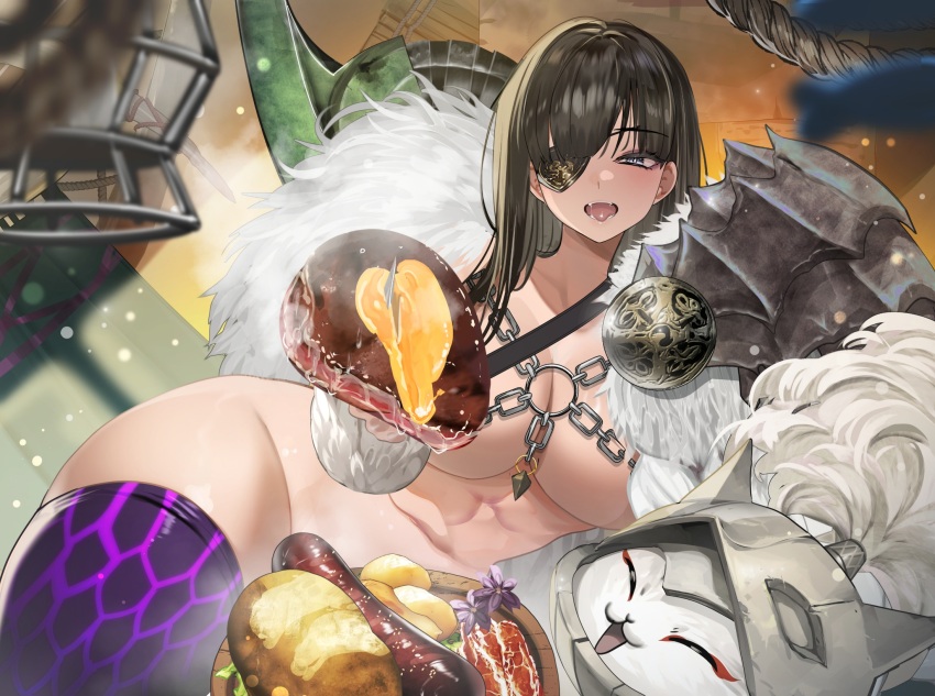 1girl belt black_belt black_hair blue_eyes breasts cat chain closed_eyes eyepatch food fur_trim highres holding holding_food large_breasts long_hair monster_hunter_(series) monster_hunter_wilds open_mouth purple_socks single_shoulder_pad socks solo steak teddypocky teeth tongue tongue_out