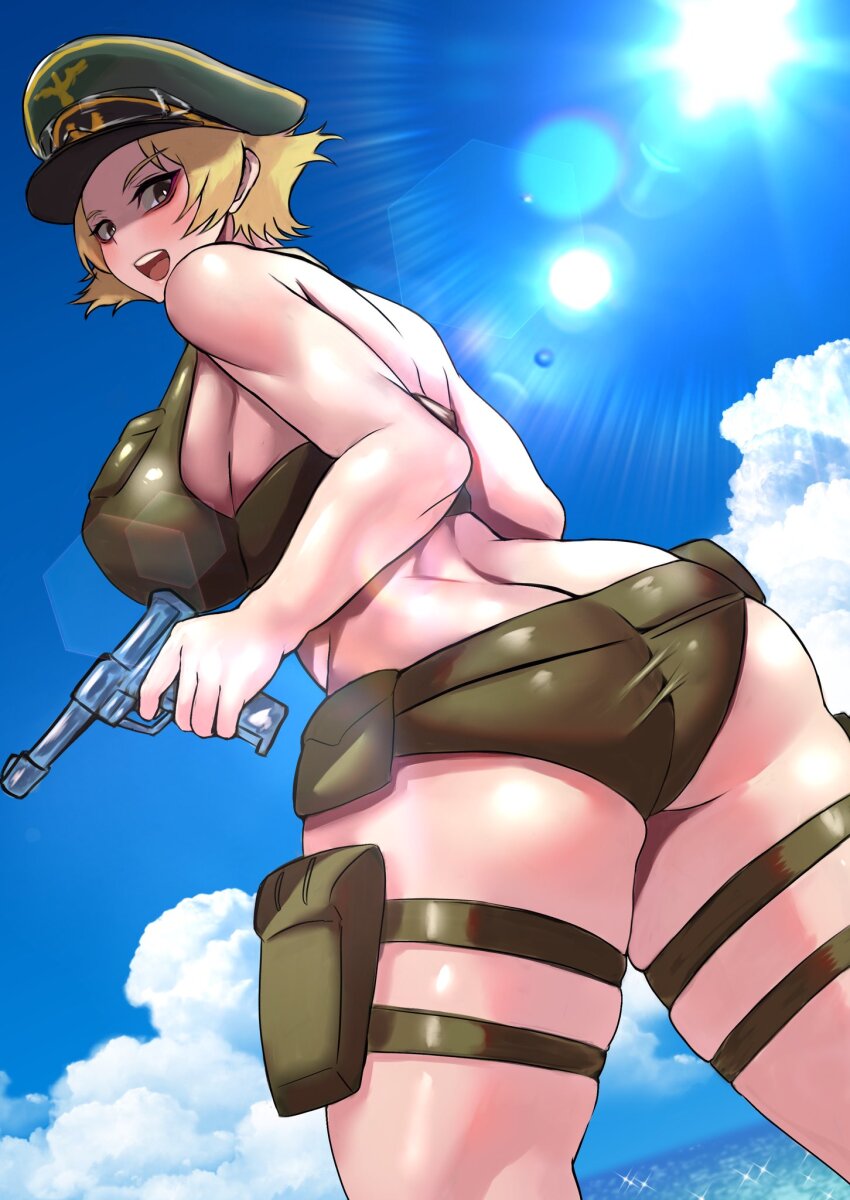 1girl ass bare_back bikini blonde_hair blue_sky bougainvillea_(unnryuu) breasts brown_eyes butt_crack cloud cloudy_sky commentary curvy day dutch_angle erwin_(girls_und_panzer) from_behind girls_und_panzer goggles goggles_on_headwear green_bikini green_hat gun halterneck handgun hat highres holding holding_gun holding_weapon large_breasts lens_flare looking_back military_hat ocean open_mouth outdoors peaked_cap pointy_hair rainbow revision shiny_skin short_hair sideboob skindentation sky smile solo standing swimsuit teeth thick_thighs thigh_strap thighs trigger_discipline upper_teeth_only walther walther_p38 weapon wide_hips