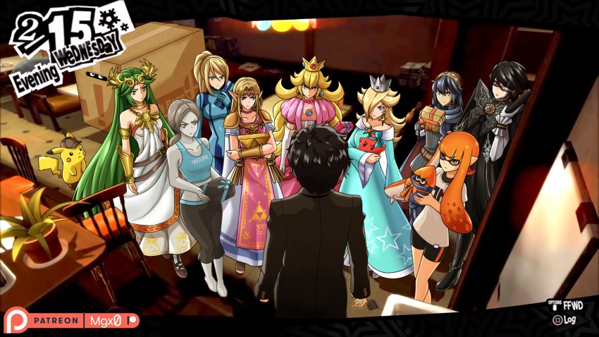 10s 2boys 6+girls amamiya_ren angry bayonetta bayonetta_(series) bayonetta_2 black_dress black_hair black_jumpsuit black_shorts blonde_hair blue_dress blue_hair blue_jumpsuit blue_shirt box cardboard_box chair commentary crossover crown detective_pikachu_(character) detective_pikachu_(game) detective_pikachu_(series) dress english_commentary fake_screenshot fire_emblem fire_emblem_awakening from_behind gameplay_mechanics gen_1_pokemon gift gift_box green_eyes green_hair grey_hair highres holding indoors inkling inkling_girl inkling_player_character jumpsuit kid_icarus kid_icarus_uprising long_hair lucina_(fire_emblem) mario_(series) matching_hair/eyes metal_gear_(series) metal_gear_solid metroid mgx0 multiple_boys multiple_girls nintendo orange_eyes orange_hair pale_skin palutena parody patreon_username persona persona_5 pikachu pink_dress plant pointy_ears pokemon pokemon_(creature) potted_plant princess_peach princess_zelda rosalina samus_aran shirt short_hair shorts sleeveless sleeveless_dress snake_box_sneak solid_snake splatoon_(series) super_mario_galaxy super_smash_bros. table tank_top tentacle_hair the_legend_of_zelda the_legend_of_zelda:_a_link_between_worlds triforce white_dress white_shirt wii_fit wii_fit_trainer wii_fit_trainer_(female)
