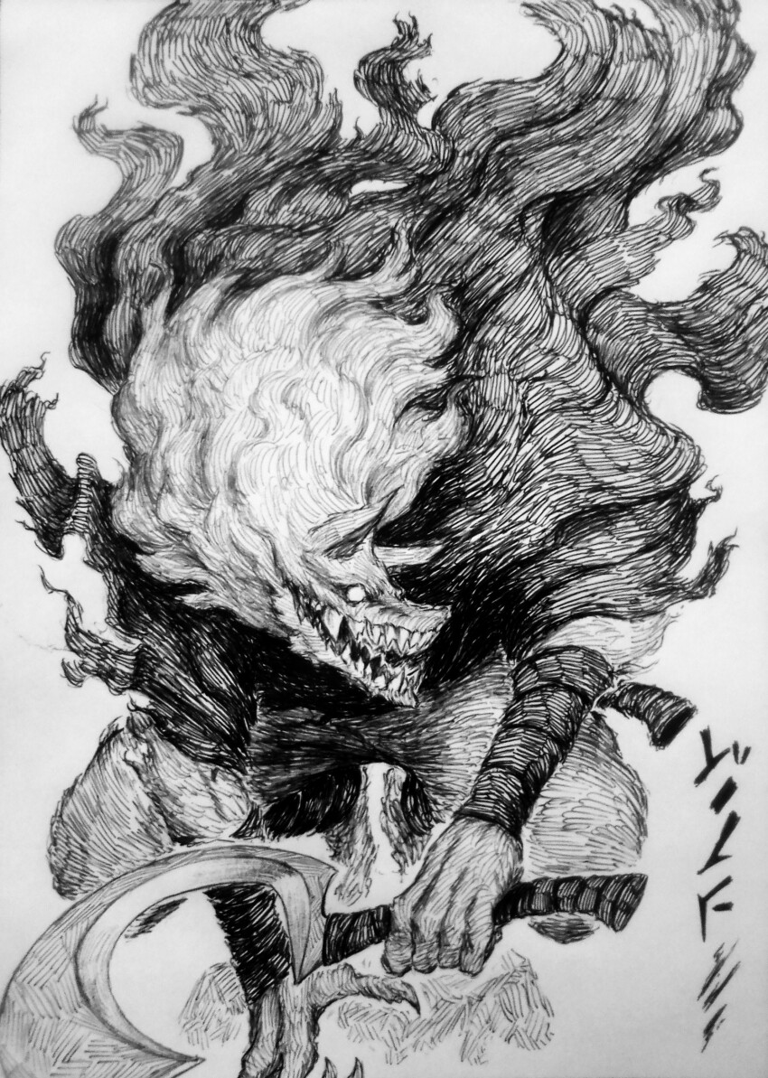 1boy absurdres animal_ears animal_nose black_cloak chronozbergh cloak death_(puss_in_boots) furry furry_male graphite_(medium) greyscale highres holding holding_weapon hood hooded_cloak long_hair monochrome puss_in_boots:_the_last_wish sharp_teeth shrek_(series) sickle sketch solo teeth traditional_media weapon white_background white_hair wolf_boy