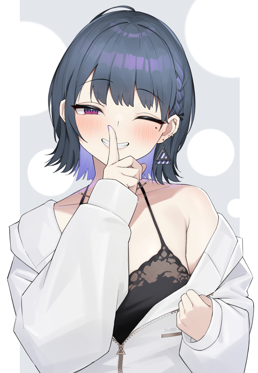 1girl barbell_piercing black_camisole blue_hair braid camisole colored_inner_hair ear_piercing earrings finger_to_mouth french_braid grin highres index_finger_raised jacket jewelry katahaba_keiji koshimizu_toru koshimizu_toru_(2nd_costume) long_sleeves looking_at_viewer mole mole_under_eye multicolored_hair necklace nijisanji off_shoulder official_alternate_hairstyle one_eye_closed piercing purple_eyes purple_nails short_hair shushing simple_background single_bare_shoulder sleeves_past_wrists smile solo triangle_earrings two-tone_hair virtual_youtuber white_background white_jacket zipper_pull_tab