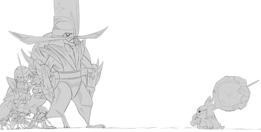 armor baggy_pants bisharp blade claws crest disgust dualbladed eyelashes facial_hair gen_5_pokemon hakama hammer highres japanese_clothes kingambit large_weapon long_hair metal mustache nervous nintendo pants pawniard pointing pokemon pokemon_(creature) pokemon_battle protecting rivalry samurai scared tinkaton upset