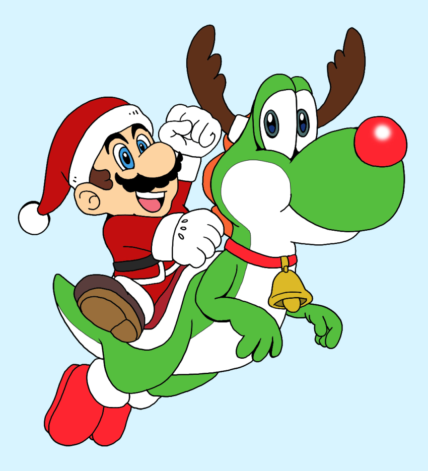 1boy antlers bell christmas cosplay custom dinosaur facial_hair full_body gloves grin hand_up hat horns jumping mario mario_(series) mustache nintendo open_mouth red_nose reindeer_antlers santa_costume santa_hat smile super_mario_world tail yoshi