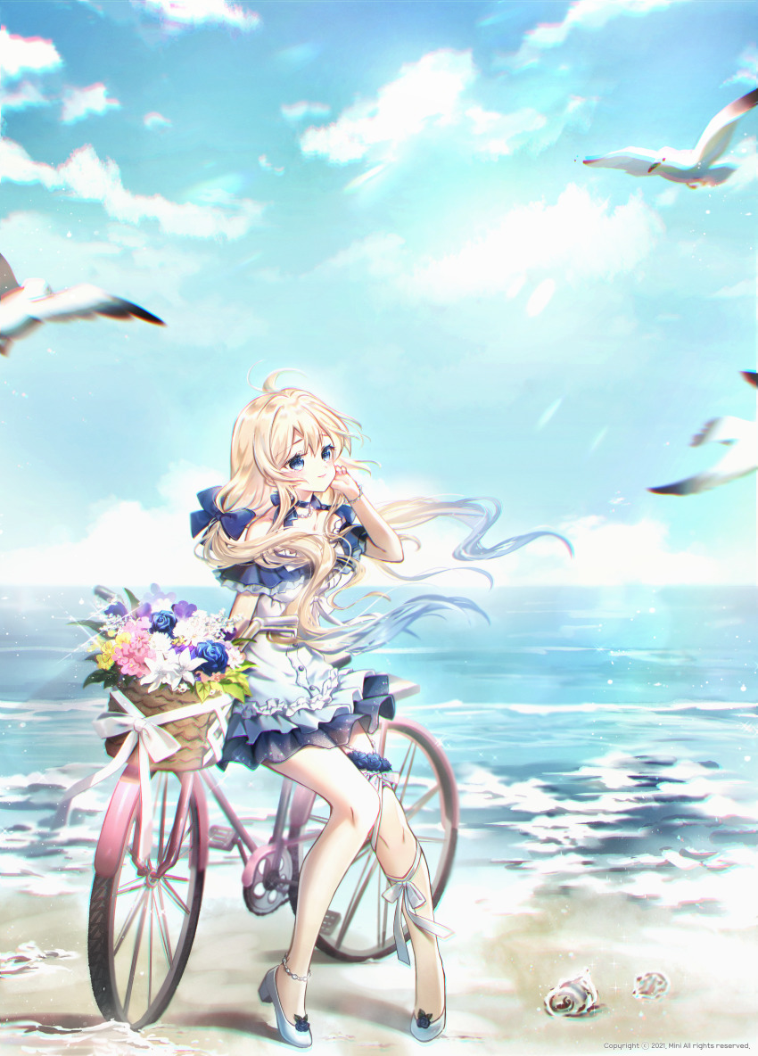 1girl absurdres ahoge animal bare_shoulders beach bicycle bicycle_basket bird blonde_hair blue_bow blue_choker blue_dress blue_eyes blue_flower blue_rose blue_sky bow choker closed_mouth cloud commission danby_merong day dress flower gradient_hair hair_between_eyes hair_bow hand_up highres horizon long_hair multicolored_hair ocean off-shoulder_dress off_shoulder original outdoors pink_flower rose sand seagull shoes sky smile solo twintails very_long_hair water white_flower white_shoes yellow_flower