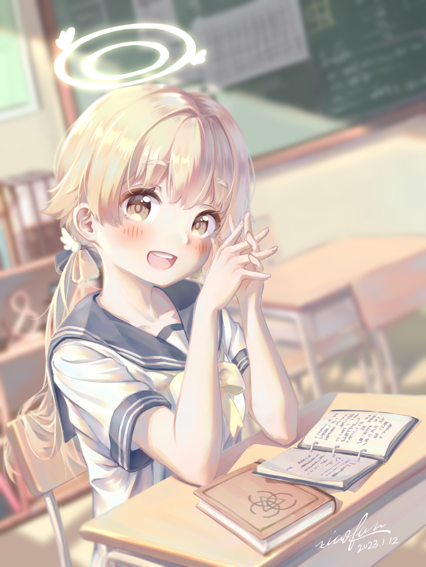 1girl :d absurdres artist_name blonde_hair blue_archive blurry blurry_background blush book bookshelf chalkboard classroom dated desk hair_ornament halo hifumi_(blue_archive) highres indoors open_book open_mouth own_hands_together ponytail school_desk school_uniform serafuku shirt short_sleeves sitting smile white_shirt wing_hair_ornament xiaofan2005