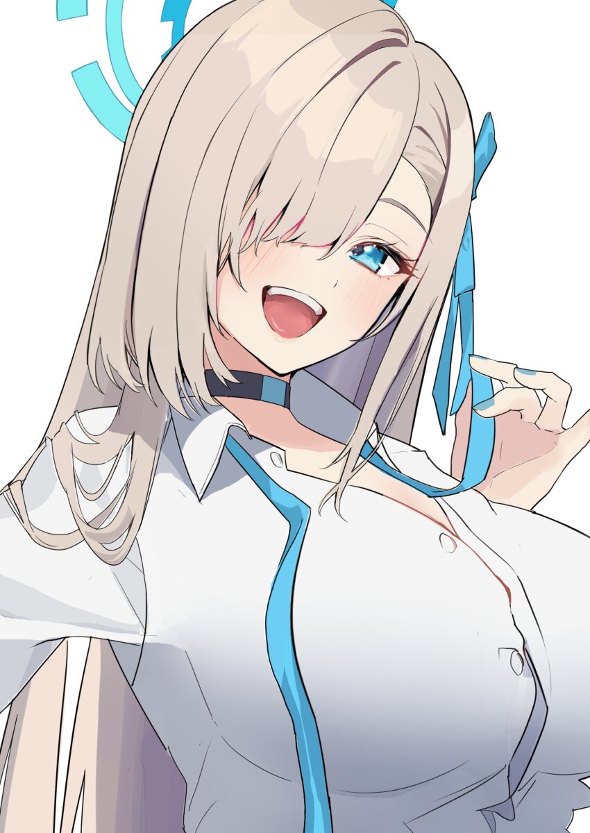 1girl :d absurdres asuna_(blue_archive) asuna_(school_uniform)_(blue_archive) black_choker blue_archive blue_eyes blue_nails blue_ribbon blush breasts brown_hair choker collared_shirt hair_over_one_eye hair_ribbon highres large_breasts long_hair looking_at_viewer nakano_kura open_mouth ribbon shirt simple_background smile solo teeth upper_body upper_teeth_only white_background white_shirt