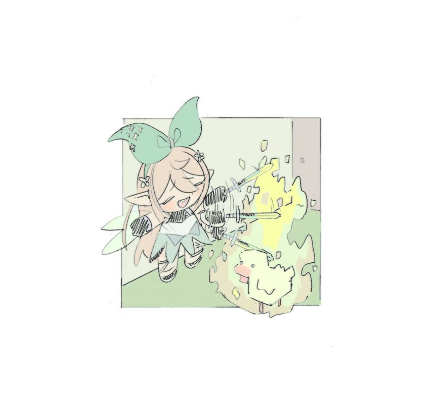 1girl black_gloves blush border brown_hair chibi chicken_(minecraft) gloves green_ribbon green_skirt hair_behind_ear hair_ribbon highres holding holding_sword holding_weapon long_hair minecraft minecraft_sword nijisanji nijisanji_en open_mouth pointy_ears pomu_rainpuff pomu_rainpuff_(1st_costume) ribbon skirt slashing smile sofia_davila solo_focus sword virtual_youtuber weapon white_border