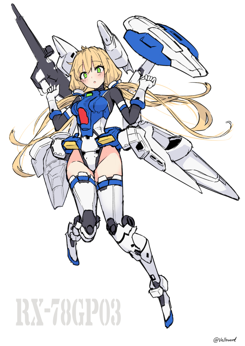 1girl :o blonde_hair blush boots breasts clenched_hands floating gloves gun gundam gundam_0083 gundam_gp-03_stamen head_tilt highres holding holding_gun holding_weapon i.takashi leotard long_hair looking_down mecha_musume medium_breasts open_mouth personification shield sketch solo thigh_boots thighhighs twintails very_long_hair weapon white_background white_gloves