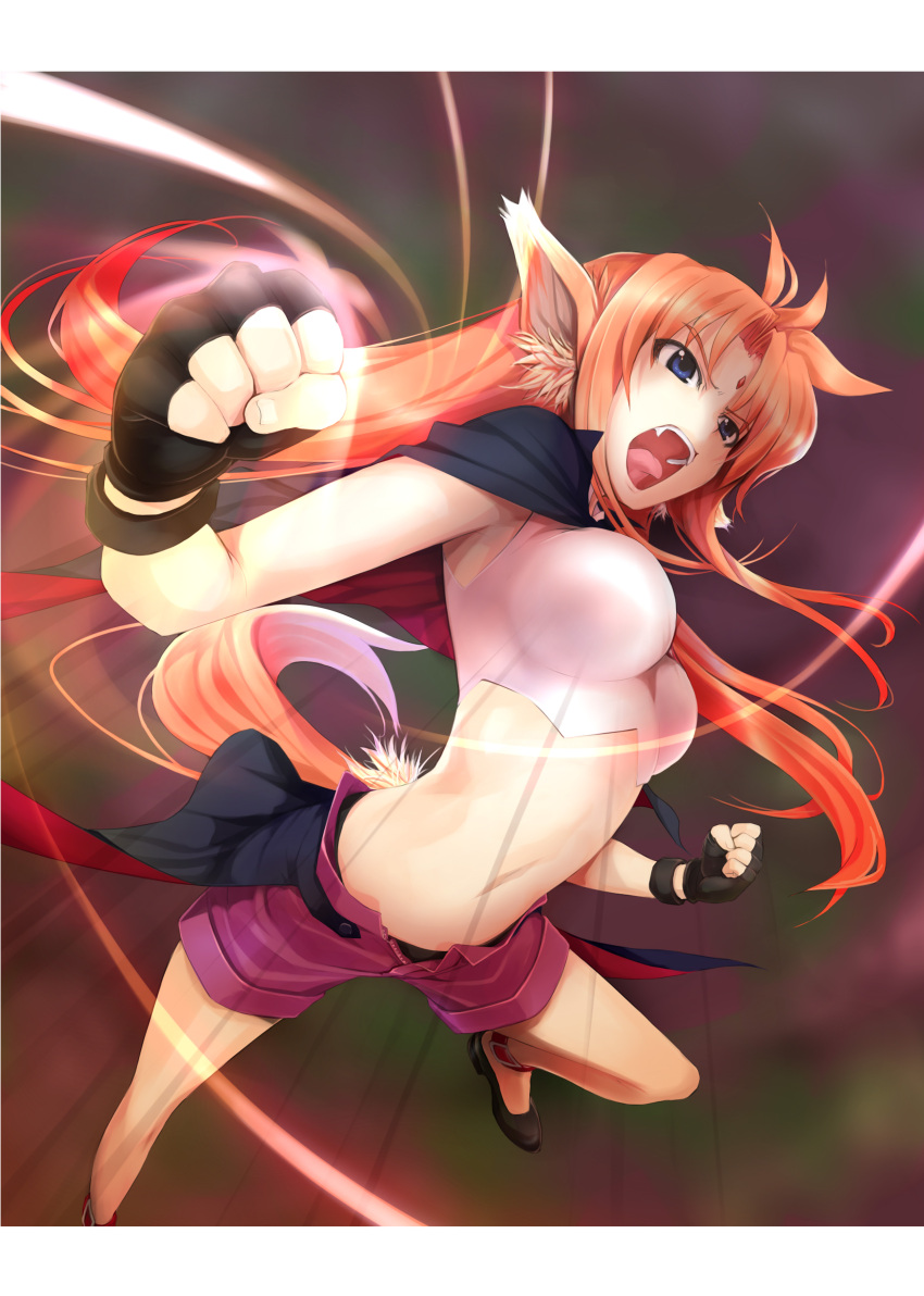 1girl absurdres animal_ears arf black_gloves black_panties blue_eyes breasts fangs fingerless_gloves gloves highres large_breasts long_hair lyrical_nanoha mahou_shoujo_lyrical_nanoha mahou_shoujo_lyrical_nanoha_a&#039;s mikazuki_akira! navel open_mouth orange_hair panties short_hair shorts solo tail underwear wolf_ears wolf_girl wolf_tail