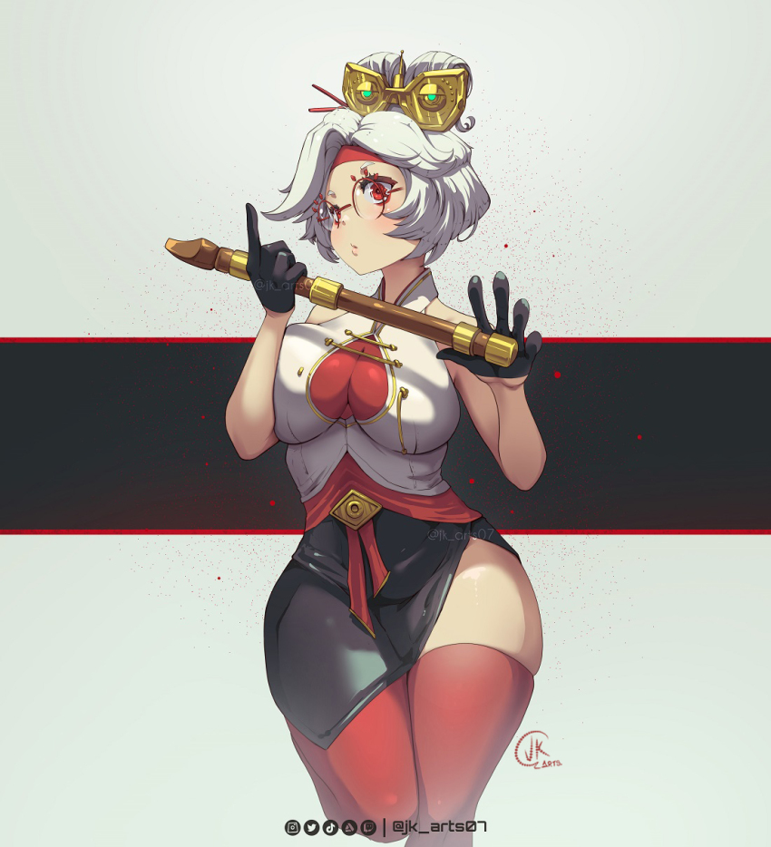 1girl artist_name artstation_logo bare_shoulders black_background black_gloves black_skirt breasts commentary cowboy_shot flute glasses gloves goggles goggles_on_head hair_ornament hair_stick headband highres holding holding_instrument instagram_logo instrument jk_arts large_breasts nintendo parted_lips purah recorder red-framed_eyewear red_eyes red_headband red_thighhighs round_eyewear sheikah shirt signature skirt sleeveless sleeveless_shirt solo the_legend_of_zelda the_legend_of_zelda:_tears_of_the_kingdom thighhighs tiktok_logo twitch_logo twitter_logo twitter_username two-tone_background white_background white_hair