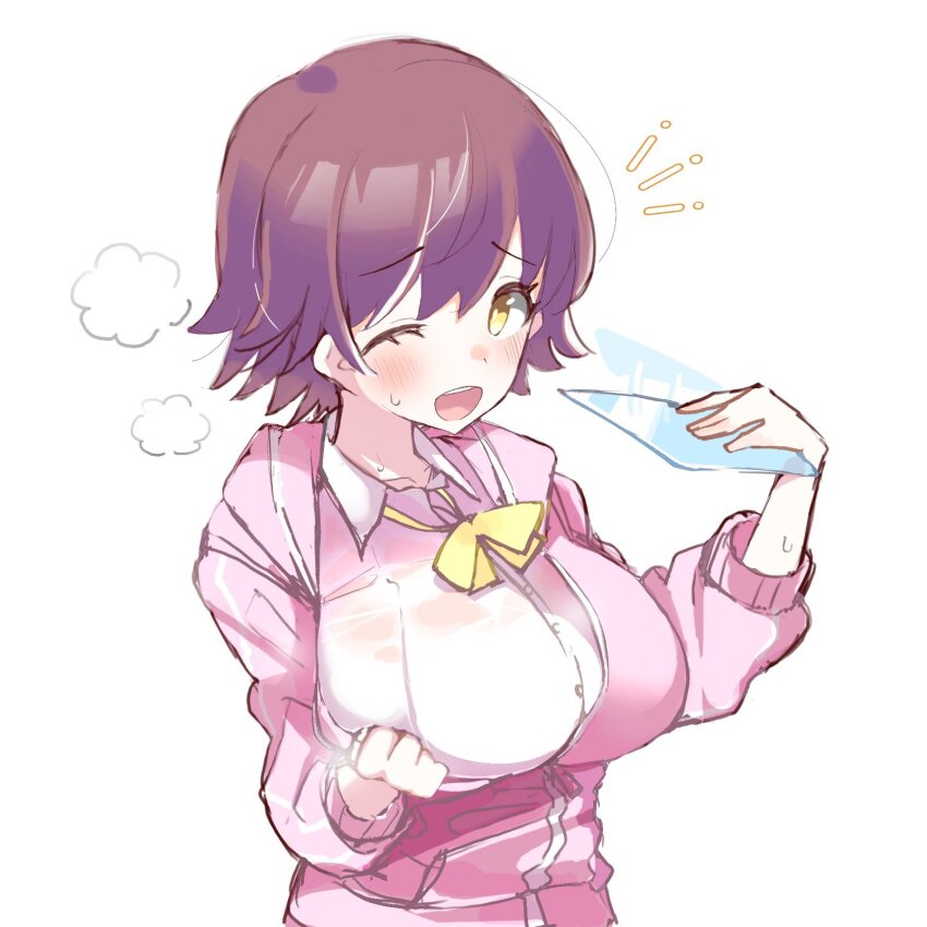 1girl ;o blush bow bowtie breasts brown_hair commentary_request empty17033658 fanning_face fanning_self flipped_hair highres honda_mio idolmaster idolmaster_cinderella_girls jacket large_breasts long_sleeves looking_at_viewer loose_bowtie one_eye_closed pink_jacket shirt short_hair simple_background solo steam sweat sweaty_clothes teeth track_jacket upper_body upper_teeth_only white_background white_shirt yellow_bow yellow_bowtie