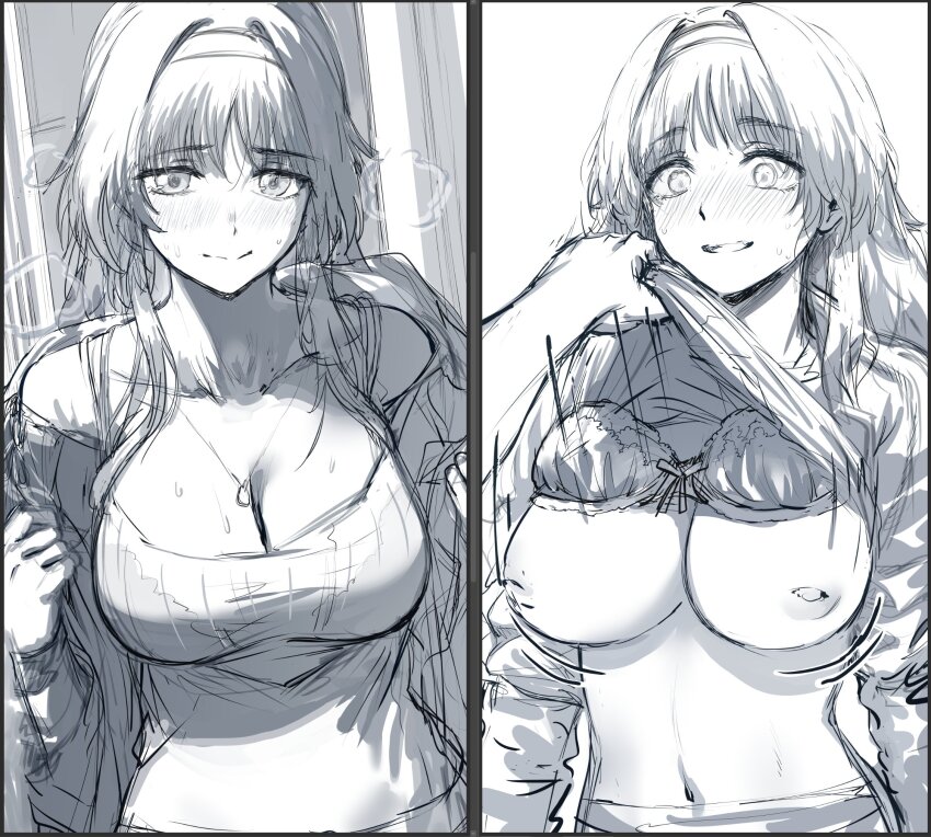 1boy 1girl breasts clothes_lift embarrassed headband hews highres inverted_nipples jewelry kaoru_hana_wa_rin_to_saku large_breasts lifting_another&#039;s_clothes long_hair navel necklace nipples shirt_lift sketch smile steam waguri_kaoruko wavy_hair