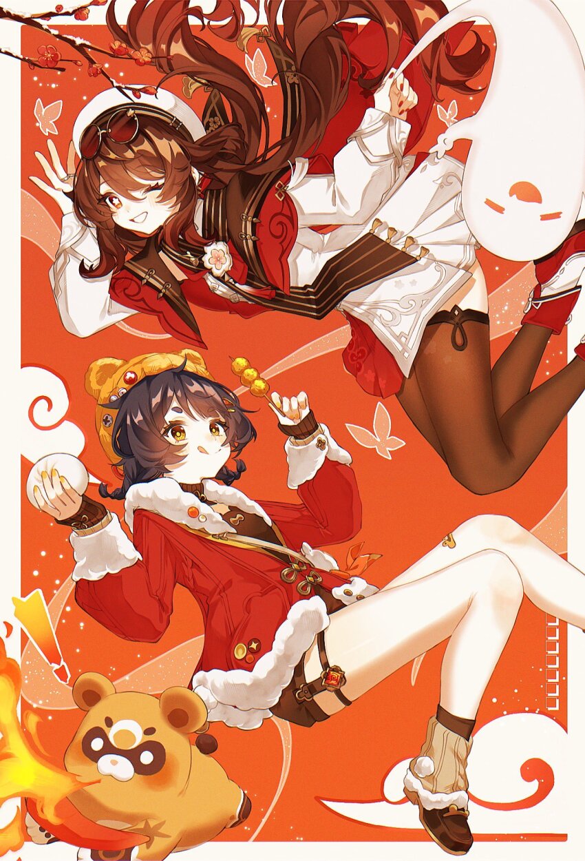 2girls bandaid bandaid_on_leg belt beret black_hair black_nails blush boo_tao_(genshin_impact) braid branch brown_hair bug butterfly capelet chinese_clothes choker dress eyewear_on_head fingerless_gloves fire flower flower-shaped_pupils food full_body fur_trim genshin_impact ghost gloves grin guoba_(genshin_impact) hair_between_eyes hat highres holding holding_food hu_tao_(cherries_snow-laden)_(genshin_impact) hu_tao_(genshin_impact) insect jacket kun_(user_ahgn2825) long_hair long_sleeves looking_at_viewer multiple_girls nail_polish official_alternate_costume official_alternate_hairstyle one_eye_closed open_mouth plum_blossoms red_eyes red_footwear red_jacket red_nails shoes short_hair shorts skirt smile snowman socks steamed_bun sunglasses symbol-shaped_pupils teeth thigh_strap thighhighs tongue tongue_out twintails xiangling_(genshin_impact) xiangling_(new_year&#039;s_cheer)_(genshin_impact) yellow_eyes yellow_nails