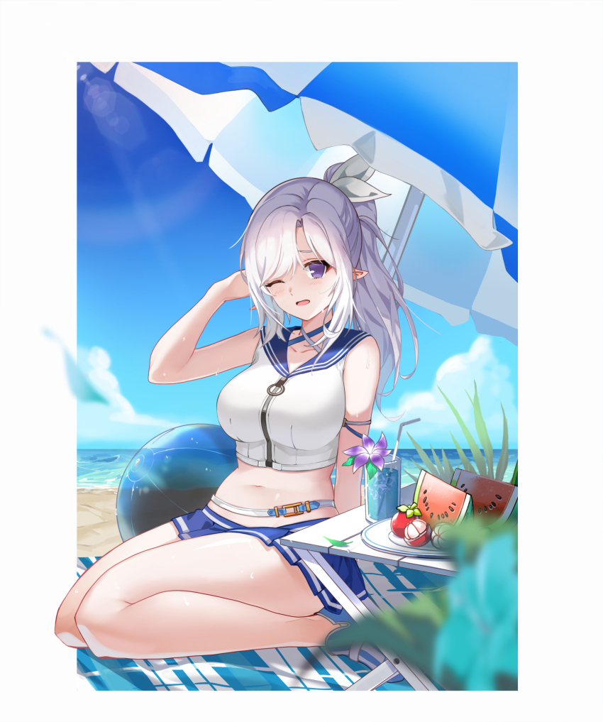 1girl ball bare_arms bare_legs bare_shoulders beach beach_mat beach_umbrella beachball belt blue_shoes blue_skirt blurry breasts closers criss-cross_halter crop_top day depth_of_field food hair_ribbon halterneck hand_up high_ponytail highres large_breasts levia_(closers) long_hair looking_at_viewer microskirt midriff miniskirt navel non-web_source official_art one_eye_closed open_mouth outdoors parted_bangs plate pleated_skirt pointy_ears ponytail popsicle purple_eyes ribbon sailor_collar school_uniform seiza serafuku shirt shoes sidelocks sitting skirt sleeveless sleeveless_shirt solo stomach sunlight table thighs tropical_drink umbrella watermelon_bar wet white_hair white_shirt zipper