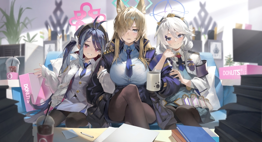 3girls absurdres ahoge animal_ears antenna_hair arm_hug asymmetrical_bangs black_pantyhose blonde_hair blue_archive blue_hair blue_necktie blue_shirt blurry blurry_background blush book book_stack breasts couch crossed_legs cup dark_blue_hair disposable_cup fox_ears fubuki_(blue_archive) grey_hair hair_over_one_eye halo hand_in_pocket highres holding holding_cup indoors kanna_(blue_archive) kirino_(blue_archive) large_breasts long_bangs looking_at_viewer monitor mug multiple_girls necktie on_couch one_eye_covered pantyhose ramuri shirt sitting smile