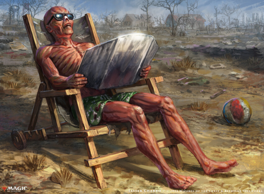 1boy absurdres bald ball bare_tree beachball black-framed_eyewear commentary deck_chair english_commentary english_text fallout ghoul_(fallout) green_shorts highres holding holding_mirror javier_charro logo magic:_the_gathering mirror outdoors shorts sitting solo sunbathing sunglasses tree zombie
