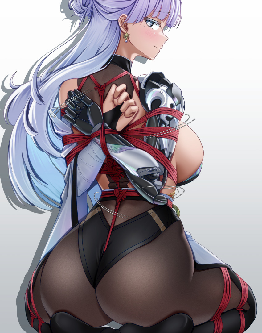 1girl absurdres arms_behind_back ass bdsm bondage bound bound_ankles bound_arms bound_legs bound_thighs bound_torso bound_wrists breasts bridal_gauntlets brown_pantyhose bt_(3212637) colored_eyelashes crotch_rope earrings frogtie goddess_of_victory:_nikke highres huge_breasts jewelry large_breasts long_hair looking_at_viewer mechanical_arms mechanical_hands mole mole_under_eye nayuta_(nikke) pantyhose red_rope restrained rope shibari shibari_over_clothes sideboob single_bridal_gauntlet single_mechanical_arm single_mechanical_hand solo struggling thick_eyelashes very_long_hair white_eyelashes white_hair