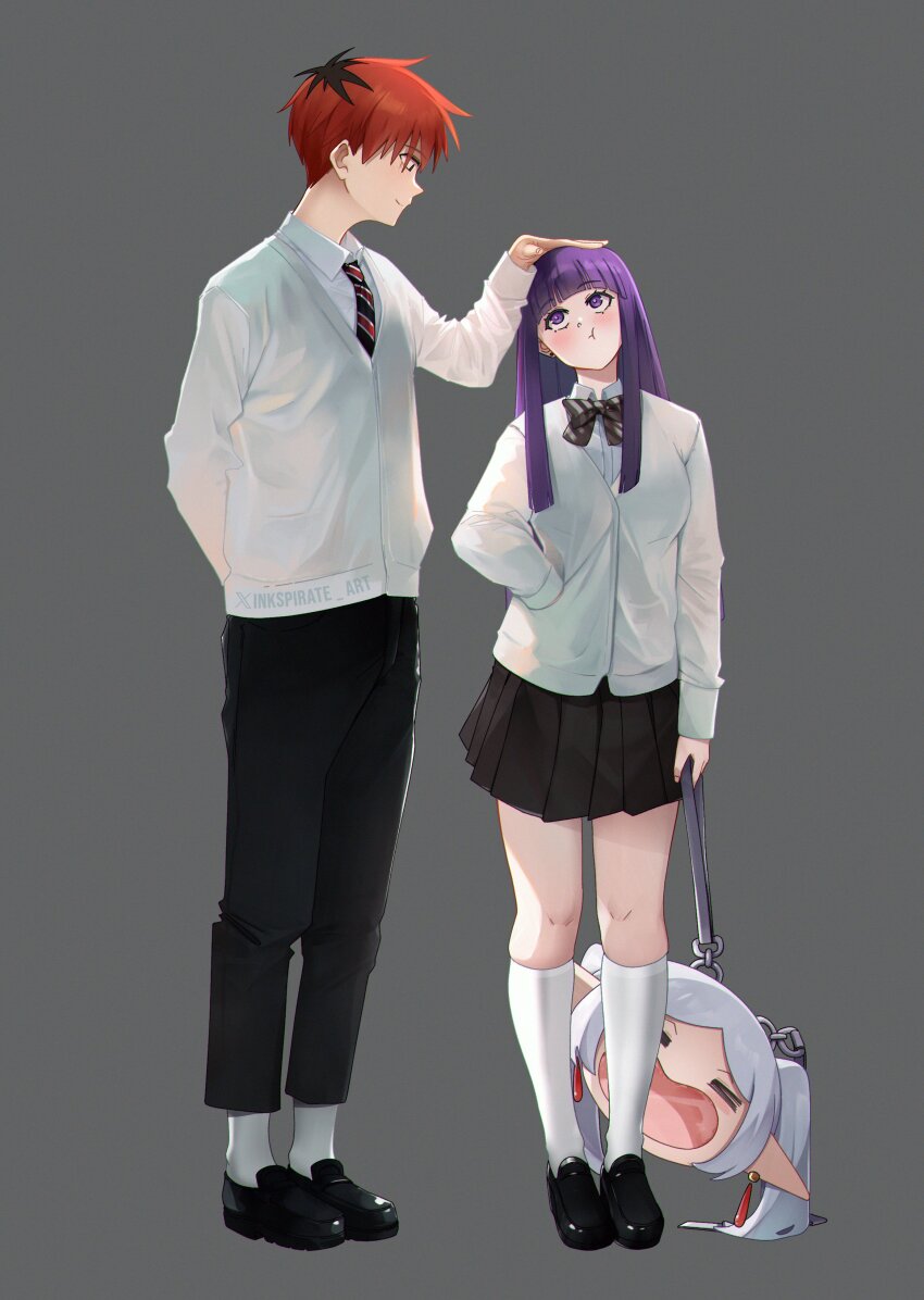 1boy 1girl absurdres artist_name black_bow black_bowtie black_necktie black_pants black_shoes black_skirt bow bowtie character_bag commentary contemporary diagonal-striped_bow diagonal-striped_bowtie diagonal-striped_clothes diagonal-striped_necktie fern_(sousou_no_frieren) hand_on_another&#039;s_head headpat highres inkspirate loafers long_hair looking_up necktie pants pleated_skirt pout purple_eyes red_necktie school_uniform shoes short_hair skirt socks sousou_no_frieren stark_(sousou_no_frieren) striped_clothes twitter_username twitter_x_logo white_socks