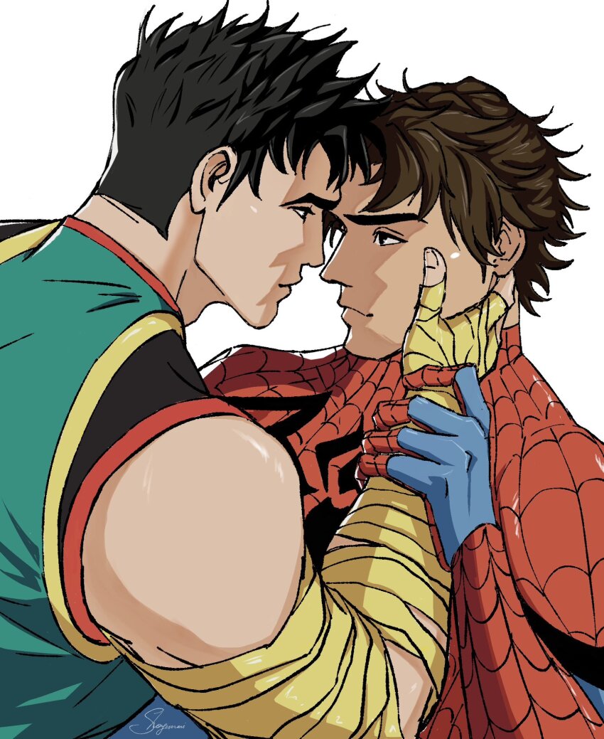 2boys arm_wrap black_hair bodysuit brown_eyes brown_hair closed_mouth commentary curtained_hair english_commentary eye_contact forehead-to-forehead from_side hand_on_another&#039;s_arm hand_on_another&#039;s_face heads_together highres iron_fist_(marvel) layered_clothes lin_lie_(marvel) looking_at_another male_focus marvel marvel_rivals multiple_boys parted_bangs peter_parker shiny_skin shogummi simple_background single_bare_shoulder sleeveless spider-man spider-man_(series) spider_web_print superhero_costume upper_body white_background yaoi