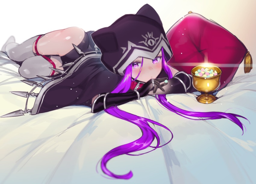 1girl animal_collar animal_hood ass bed candy cape cat_hood chalice child collar cup fate/grand_order fate_(series) female_focus food gloves hood konpeitou leotard long_hair looking_at_viewer lying medusa_(fate) medusa_(lancer)_(fate) medusa_(rider)_(fate) nito_(siccarol) on_stomach pillow purple_eyes purple_hair rider solo very_long_hair