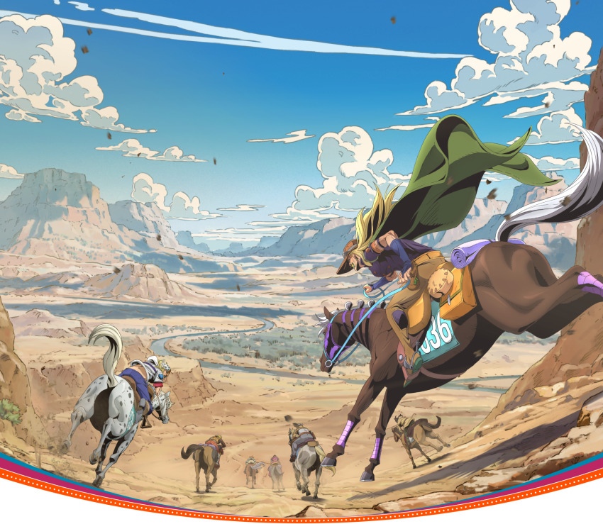 1girl 5boys blonde_hair blue_sky bridal_gauntlets brown_pants cape character_request cloud cloudy_sky cowboy_hat diego_brando gets_up_(horse) ghost_rider_in_the_sky_(jojo) green_cape gyro_zeppeli hat hey_ya_(horse) highres hood hoodie horse horseback_riding hot_pants_(sbr) johnny_joestar jojo_no_kimyou_na_bouken mountain_tim mountainous_horizon multiple_boys official_art pants pocoloco promotional_art riding river silver_bullet_(jojo) sky slow_dancer_(jojo) steel_ball_run valkyrie_(jojo) white_hoodie