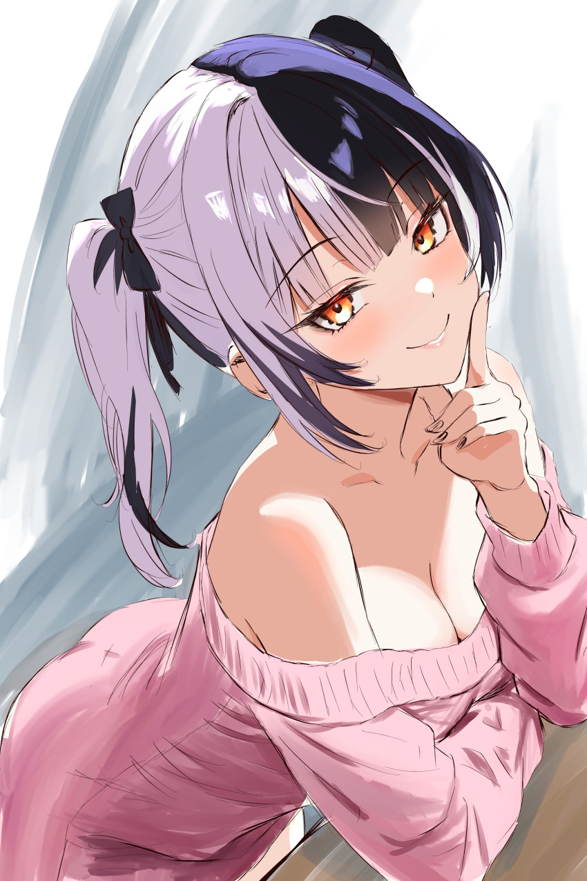 1girl absurdres akamiya_mumu alternate_costume bare_shoulders black_hair black_ribbon blush bow breasts cleavage closed_mouth collarbone dress grey_hair hair_ornament hair_ribbon highres hololive hololive_english index_finger_raised large_breasts long_sleeves looking_at_viewer lying medium_breasts multicolored_hair off-shoulder_sweater off_shoulder on_stomach orange_eyes pink_dress pink_sweater ribbon shiori_novella shirt sidelocks smile solo split-color_hair streaked_hair sweater sweater_dress the_pose twintails upper_body virtual_youtuber
