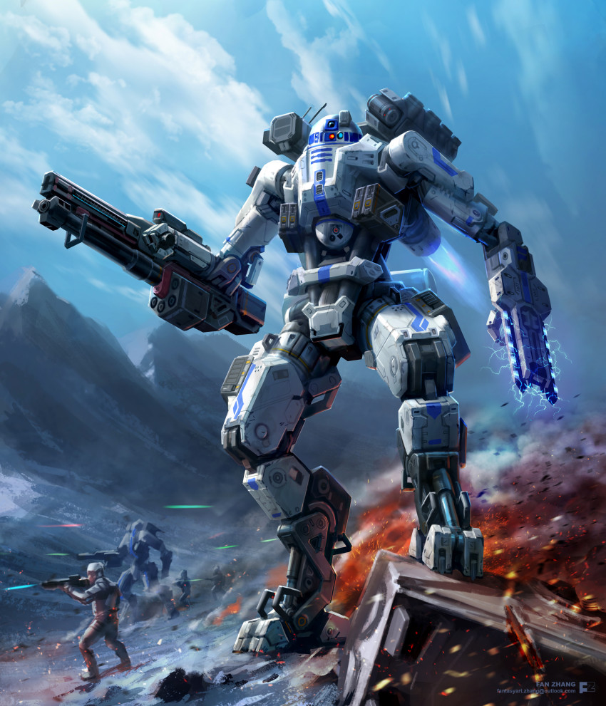 1boy absurdres artist_name commentary crossover electricity english_commentary epic fan_zhang fire firing gun helmet highres holding holding_gun holding_weapon machinery mecha mecha_focus mechanization parody r2-d2 realistic robot soldier solo_focus standing star_wars style_parody thrusters titan_(titanfall) titanfall_(series) weapon