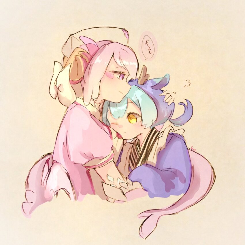 2girls apron blue_kimono closed_mouth dragon_girl dragon_horns dragon_tail dragon_wings duel_monster frilled_apron frills hand_on_another&#039;s_head hat horns japanese_clothes kimono laundry_dragonmaid long_sleeves maid maid_apron multiple_girls nurse nurse_cap nurse_dragonmaid one_eye_closed pink_background pink_eyes pink_hair puffy_sleeves short_sleeves short_twintails simple_background tail tanuki_sanbou twintails wa_maid white_apron wings yellow_eyes yu-gi-oh! yuri