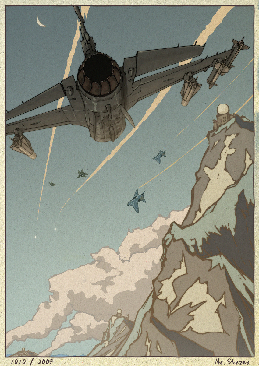 ace_combat ace_combat_04 aircraft airplane blue_sky border commentary_request contrail crescent_moon day english_text f-16_fighting_falcon f-4_phantom_ii fighter_jet fine_art_parody flying highres military military_vehicle mobius_1 moon mountain nihonga no_humans outdoors parody sky ukiyo-e vehicle_focus yuukou