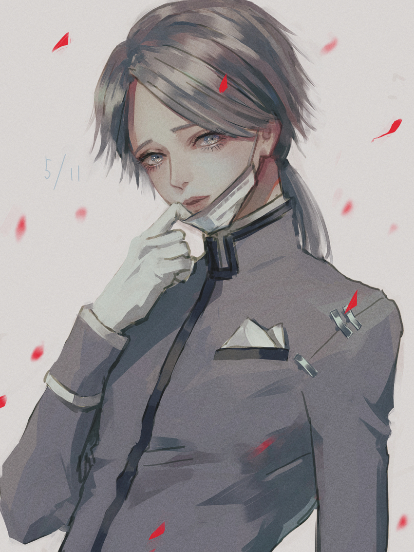 1boy aesop_carl eyelashes gloves grey_background grey_eyes grey_hair grey_jacket handkerchief highres identity_v jacket kurosujuu long_sleeves looking_at_viewer male_focus mask_pull parted_lips petals ponytail solo upper_body white_gloves