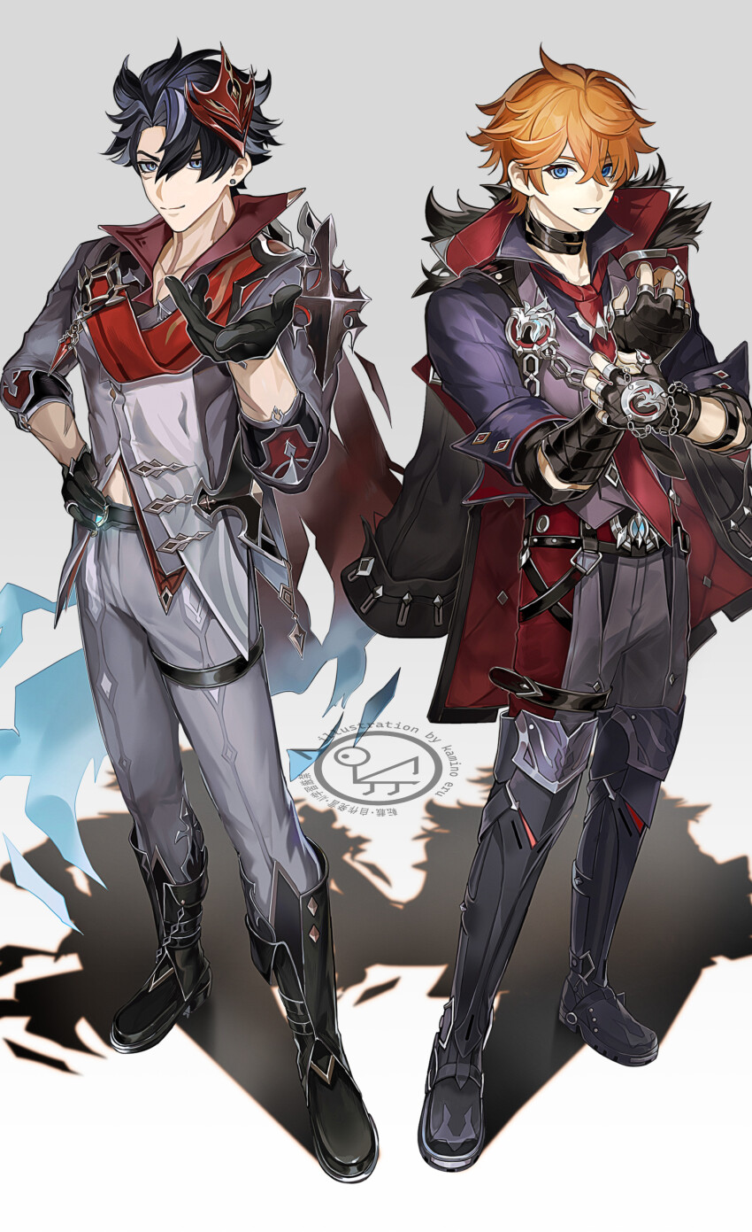 2boys absurdres ahoge artist_name bandaged_arm bandaged_neck bandages black_boots black_coat black_gloves black_hair black_shirt blue_eyes boots buttons cape chain closed_mouth coat coat_on_shoulders collared_shirt commentary_request cosplay costume_switch crossed_bangs earrings facial_scar fingerless_gloves fur-trimmed_coat fur_trim genshin_impact glint gloves grey_hair grey_jacket grey_pants grey_vest grin hair_between_eyes hand_on_own_hip hand_up hands_up highres jacket jewelry kamino_eru looking_at_viewer male_focus mask mask_on_head multicolored_hair multiple_boys necktie orange_hair outstretched_hand pants parted_bangs popped_collar red_cape red_mask red_necktie red_shirt scar scar_on_arm scar_on_cheek scar_on_face scar_on_neck shadow shirt short_hair short_sleeves smile standing streaked_hair stud_earrings tartaglia_(genshin_impact) tartaglia_(genshin_impact)_(cosplay) thigh_boots thigh_strap three-quarter_sleeves two-sided_coat two-sided_fabric v-shaped_eyebrows vest watermark white_background wriothesley_(genshin_impact) wriothesley_(genshin_impact)_(cosplay)