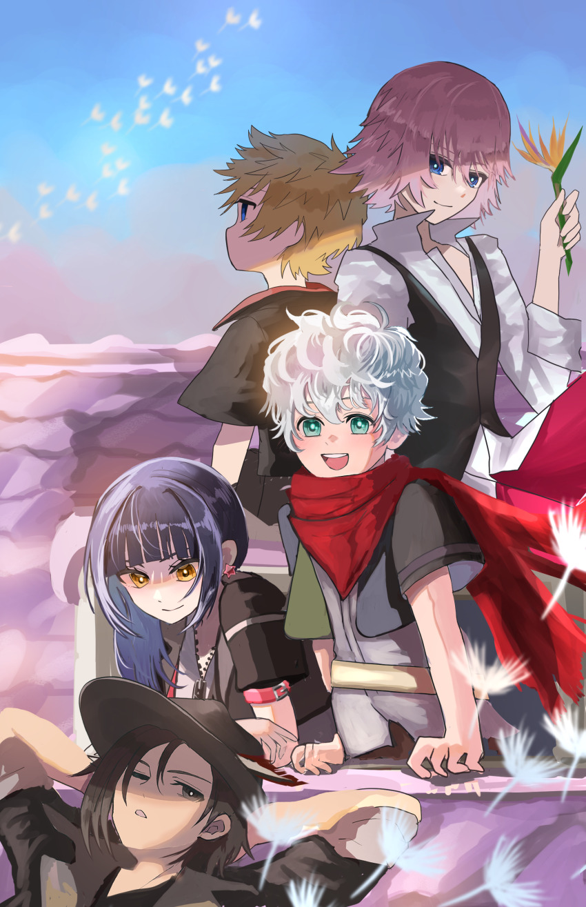 1girl 4boys absurdres aqua_eyes black_eyes black_hair black_hat black_jacket blue_eyes brain_(kingdom_hearts) brown_eyes commentary_request dandelion ephemer_(kingdom_hearts) flower grey_hair hat hat_feather highres holding holding_flower jacket kawame626 kingdom_hearts kingdom_hearts_x lauriam looking_at_another lying multiple_boys one_eye_closed open_clothes open_jacket open_mouth outdoors pink_hair pointy_hair red_scarf scarf short_sleeves sitting skuld_(kingdom_hearts) sleeves_rolled_up smile ventus_(kingdom_hearts)