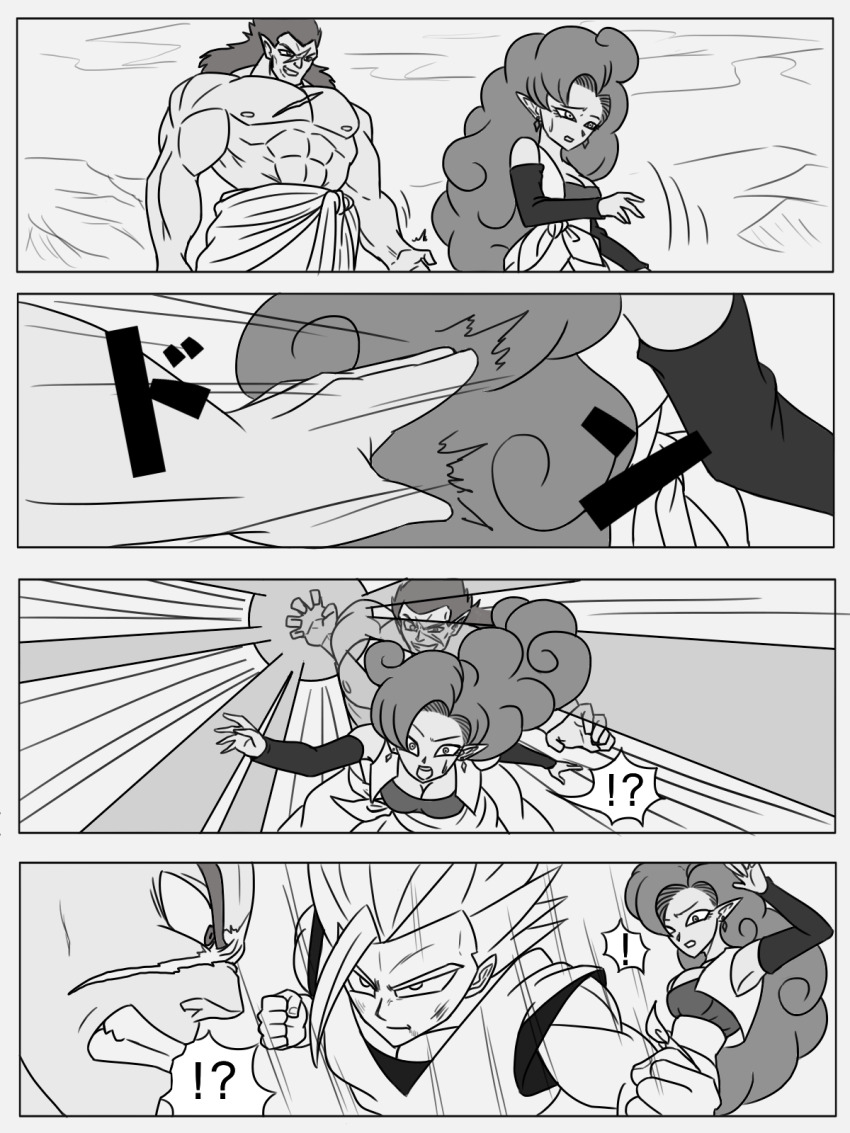 !? 1girl 2boys bojack breasts cleavage comic commentary dougi dragon_ball dragonball_z english_text greyscale highres long_hair medium_breasts monochrome multiple_boys muscular muscular_male pointy_ears scar scar_on_face son_gohan super_saiyan super_saiyan_2 user_drzw2874 zangya