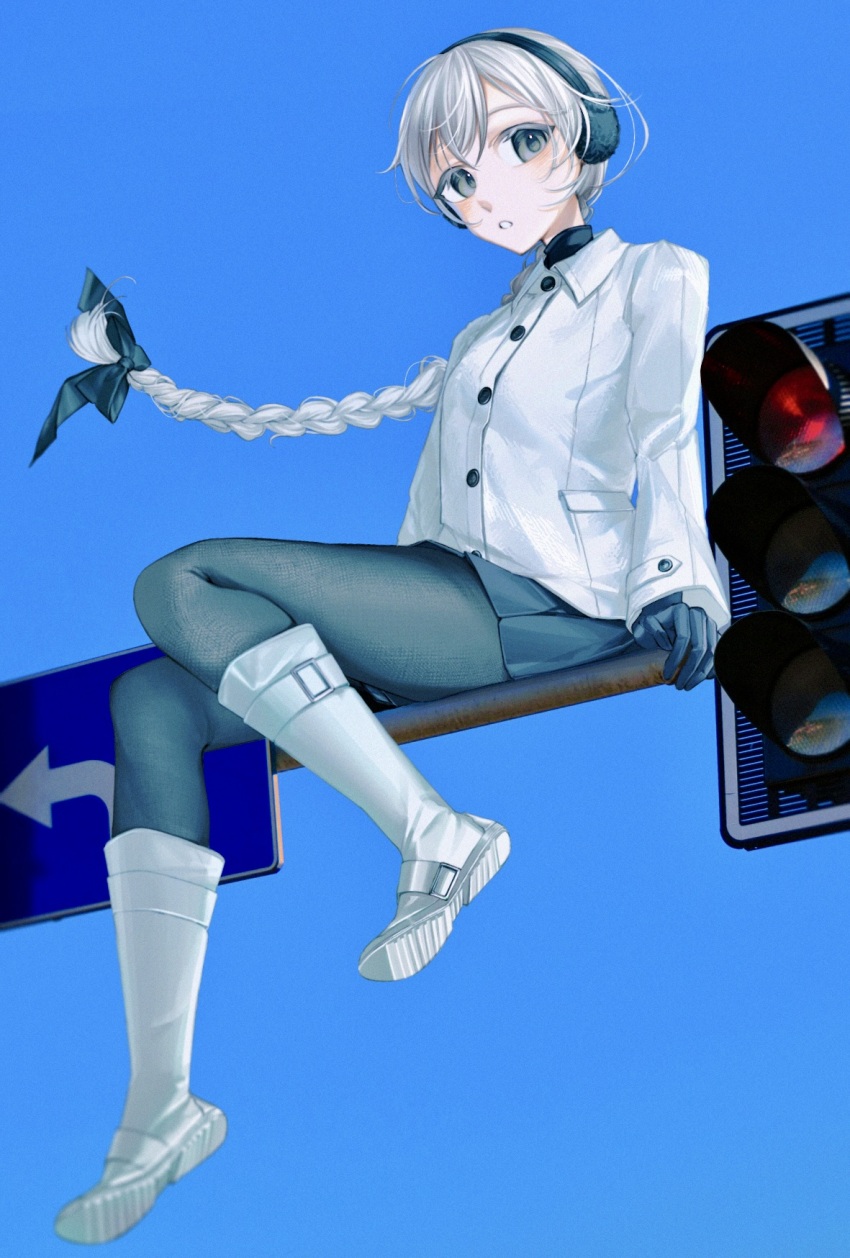 1girl black_gloves black_ribbon black_skirt blue_background blue_sky boots braid braided_ponytail buttons earmuffs floating_hair full_body gloves hair_ribbon highres jacket long_hair long_sleeves looking_at_viewer miniskirt pantyhose pleated_skirt popomine_(popo3ne) ribbon road_sign sekka_yufu sign sitting skirt sky solo traffic_light utau white_boots white_hair white_jacket