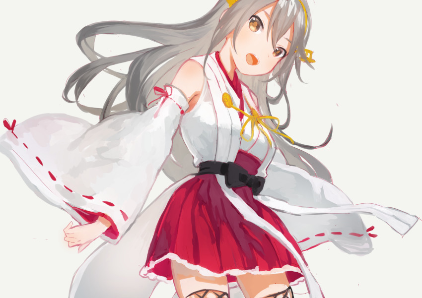 1girl :d black_bow black_thighhighs bow breasts brown_eyes commentary_request cowboy_shot detached_sleeves double-parted_bangs frilled_skirt frills grey_hair hair_between_eyes hairband hakama hakama_short_skirt hakama_skirt haruna_(kancolle) headgear highres japanese_clothes kantai_collection karamomo kimono long_hair looking_at_viewer medium_breasts nontraditional_miko open_mouth pleated_skirt red_ribbon ribbon ribbon-trimmed_sleeves ribbon_trim sidelocks simple_background skirt sleeveless sleeveless_kimono smile solo standing teeth thighhighs upper_teeth_only very_long_hair white_background white_kimono white_sleeves wide_sleeves yellow_hairband