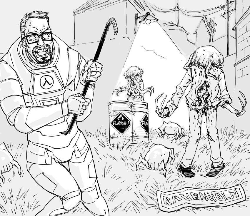 1boy absurdres alien barrel bb_(baalbuddy) brick_wall building crowbar english_text glasses gordon_freeman grass greyscale half-life half-life_(series) half-life_2 headcrab hev_suit highres holding holding_crowbar in-universe_location location_name monochrome power_lines road_sign sign utility_pole wall_lamp windmill zombie