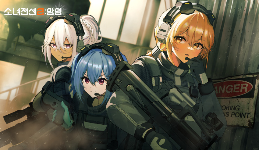 3girls adjusting_headset anti-materiel_rifle assault_rifle blonde_hair blue_hair bolt_action breasts bullpup camouflage closed_mouth colphne_(girls&#039;_frontline_2) commentary_request copyright_name dark-skinned_female dark_skin elmo_training_outfit english_text expressionless girls&#039;_frontline girls&#039;_frontline_2:_exilium grey_hair groza_(girls&#039;_frontline_2) gun hair_between_eyes handgun headset highres holding holding_gun holding_weapon kaka_(abclkj12) load_bearing_equipment long_hair long_sleeves looking_at_viewer military_uniform multiple_girls nemesis_(girls&#039;_frontline_2) official_alternate_costume ots-14_(girls&#039;_frontline) ots-14_groza parted_lips red_eyes rifle scope sig_san_511 sig_sauer smile sniper_rifle tactical_clothes taurus_curve upper_body urban_camouflage weapon